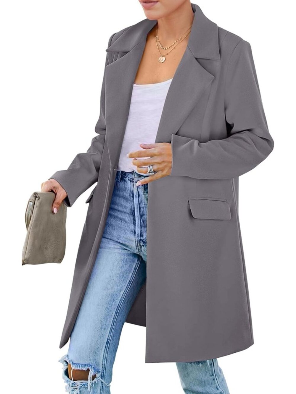 Women's light Grey Mid-Length Padded Shoulder Loose Fit Fall Blazer Trench Coat